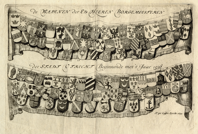 32210 Afbeelding van een wapenkaart met 50 genummerde wapens van de burgemeesters van de stad Utrecht vanaf 1528 tot 1699.